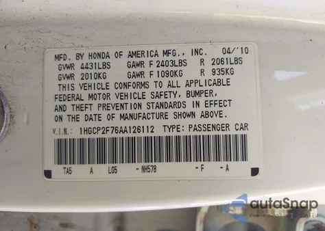 2010 Honda Accord 2.4 Ex from USA, damaged, VIN 1HGCP2F76AA126112